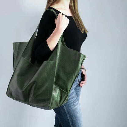 Duża skórzana torba shopper z kieszenią